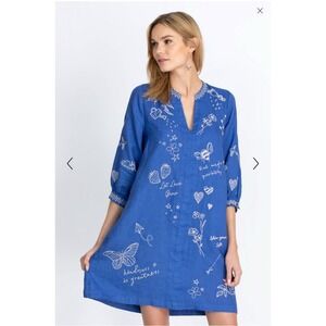 JOHNNY WAS‎ Dress Tunic XL Sovanna Blue Embroidered Linen Bishop Sleeves